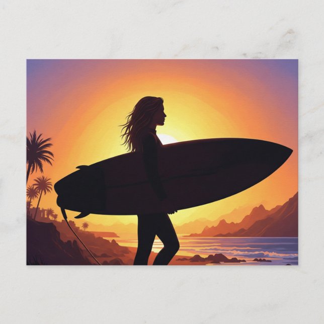 Carte Postale Fille surfeuse sur la plage (Devant)