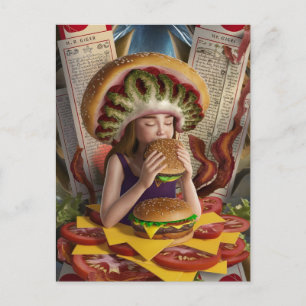 Carte Postale Fille Surréaliste Étrange avec un Chapeau de Chees