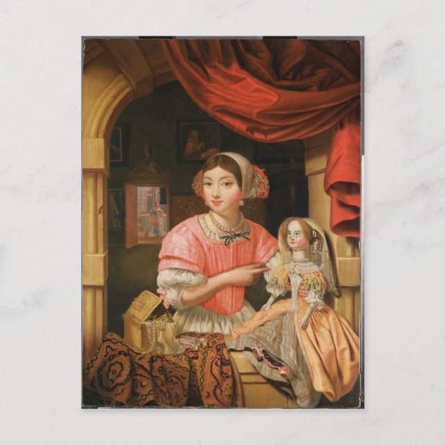 Carte Postale Fille tenant une poupée dans un intérieur (Devant)
