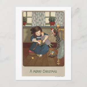 Carte Postale Fille vérifiant ses chaussures pleines de bonbons