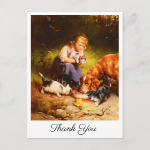 Carte Postale Fille victorienne avec chatons et chien Art Merci