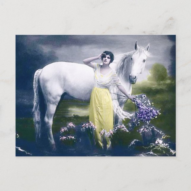 Carte Postale fille victorienne avec cheval blanc (Devant)