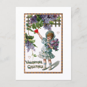 Carte Postale Fille vintage avec fleurs et salutation Valentine