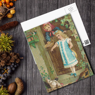 Carte Postale Fille vintage avec mère nourrir poulets