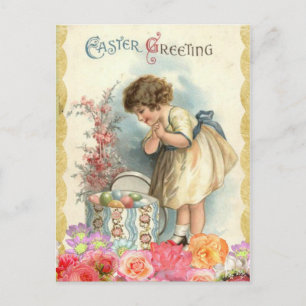 Carte Postale Fille vintage avec Roses et oeufs Salutations de P