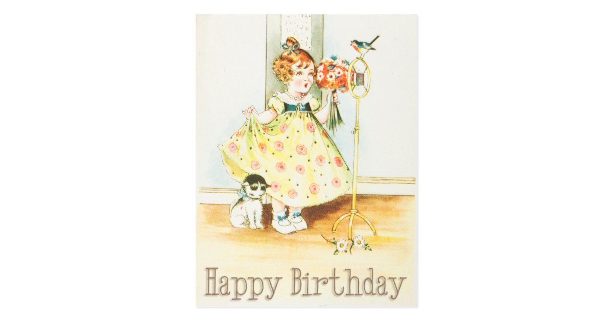 Carte Postale Fille Vintage Et Chat De Joyeux Anniversaire Zazzle Fr