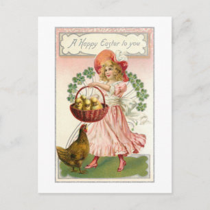 Carte Postale Fille vintage, Hen, Shamrocks et souhaits de Pâque