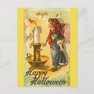 Carte Postale Fille vintage joyeux Halloween soufflant une bougi