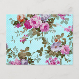 Carte Postale Fille Vintage rose Floral Turquoise Pois tendance