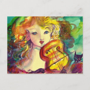 CARTE POSTALE FILLE VIOLINISTE, VIOLIN ET CAT