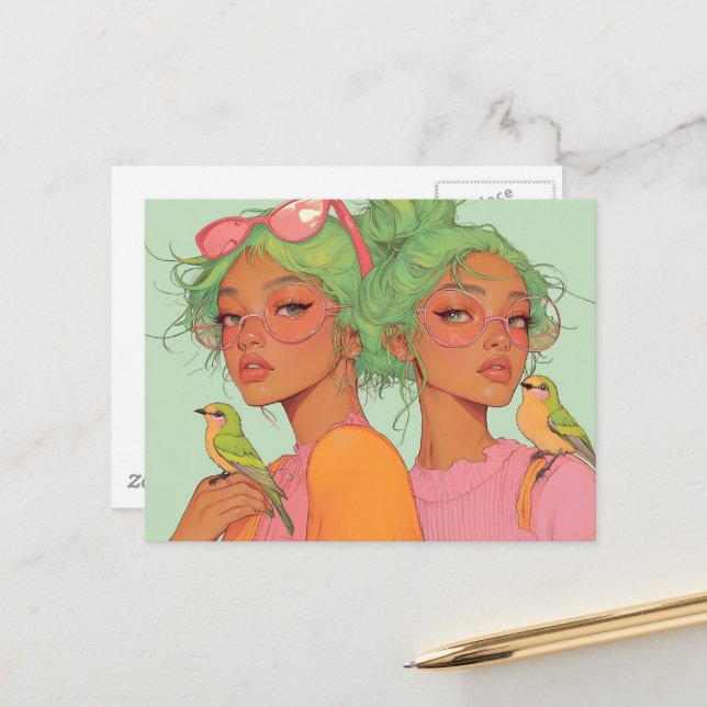 Carte Postale Filles Fantaisistes Avec Oiseaux (Devant/Arrière en situation)