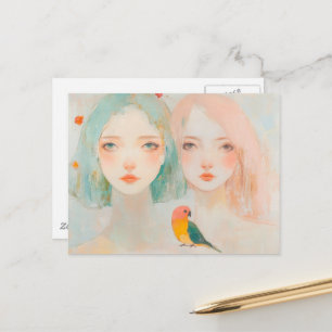 Carte Postale Filles fantaisistes avec un oiseau mignon