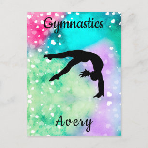 Carte Postale Filles Gymnastique Aquarelle avec Coeurs flottants
