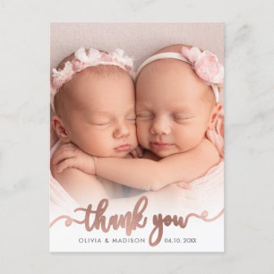 Carte Postale Filles jumelles bébé photo Merci Or Rose écriture 