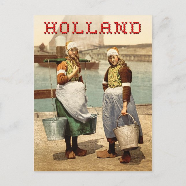 Carte Postale Filles néerlandaises en costume traditionnel et sa (Devant)