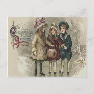 Carte Postale Filles patinant sur un étang gelé enneigé