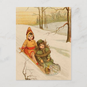 Carte Postale Filles sur un traîneau en neige hivernale