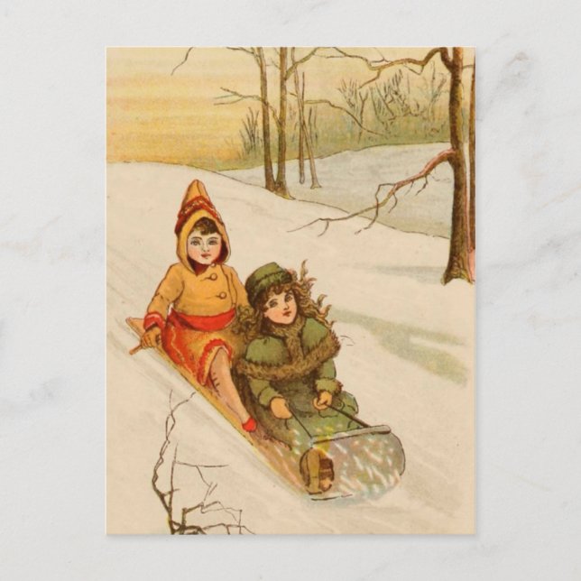 Carte Postale Filles sur un traîneau en neige hivernale (Devant)