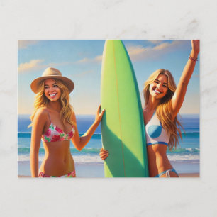 Carte Postale Filles surfeuses avec une planche de surf