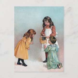Carte Postale Filles victoriennes avec chaton dans le panier