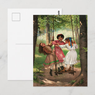 Carte Postale Filles victoriennes vintage sur balançoire de forê