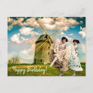 Carte Postale Filles vintages et moulin à vent Anniversaire