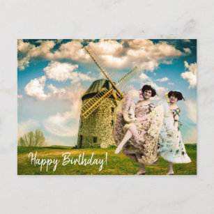 Carte Postale Filles vintages et moulin à vent Anniversaire