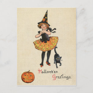 Carte Postale Fillette en costume de sorcière d'Halloween, chat 