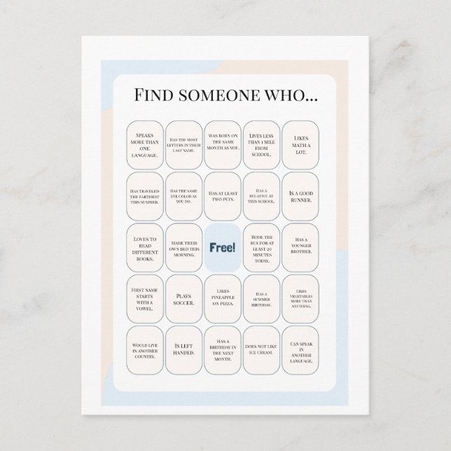 Carte Postale Find Someone Who Classroom Bingo Activity (Devant)