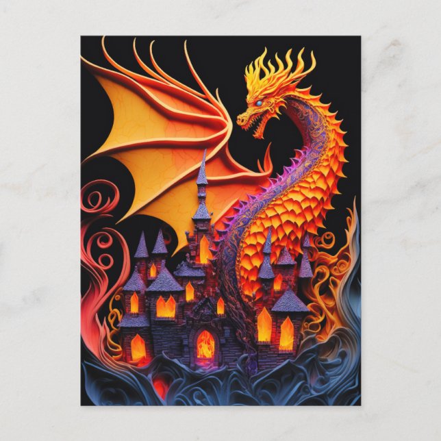 Carte Postale Fire Dragon Castle Imaginaire Art Mythique Créatur (Devant)