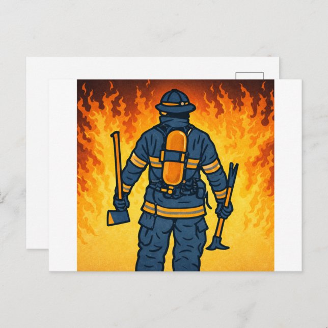 Carte Postale Firefighter Standing Against the Flames (Devant / Derrière)