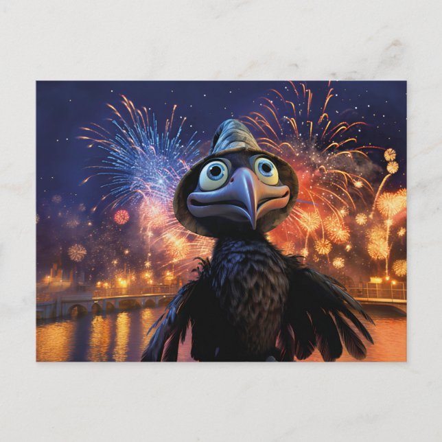 Carte Postale Firework Wonder Raven Watching Night Sky In Styliz (Devant)