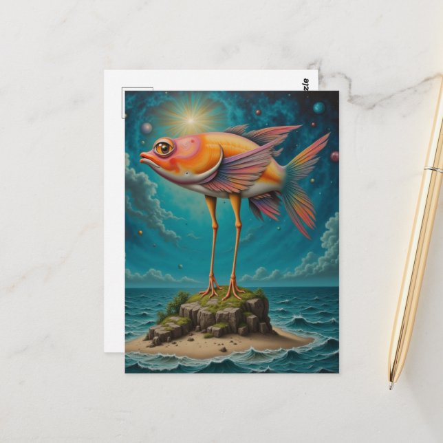 Carte Postale Fish With Bird Legs on Tiny Island Surreal (Devant/Arrière en situation)
