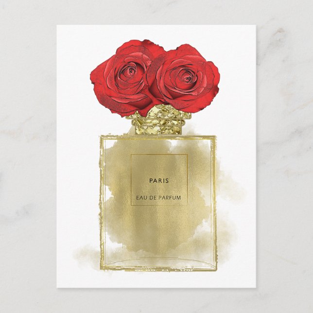 Carte Postale Flacon de parfum Floral Fashion Roses rouges Glamo (Devant)