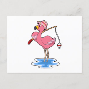 Carte Postale Flamant rose à la pêche avec canne à pêche