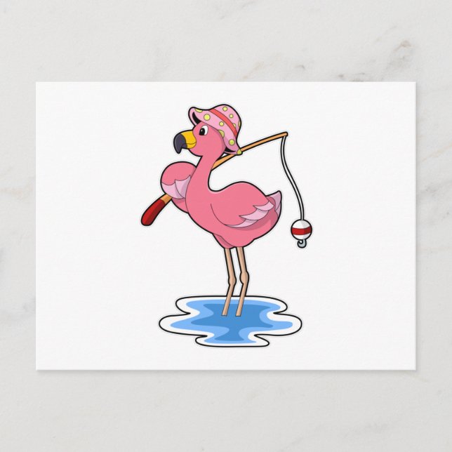 Carte Postale Flamant rose à la pêche avec une canne à pêche (Devant)