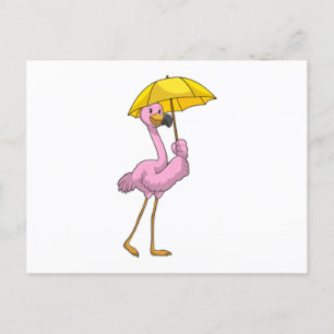 Carte Postale Flamant rose à la pluie avec parapluie