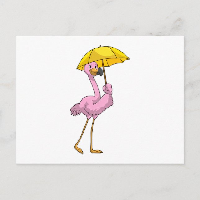 Carte Postale Flamant rose à la pluie avec parapluie (Devant)