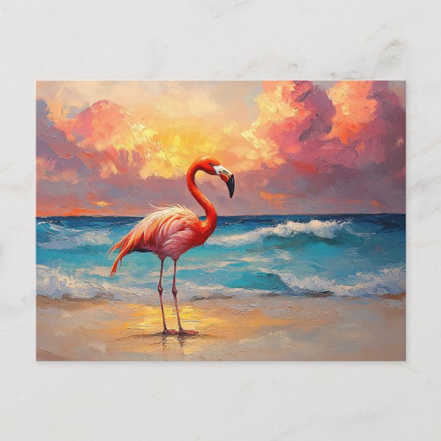 Carte Postale Flamant rose animé sur la plage (Devant)