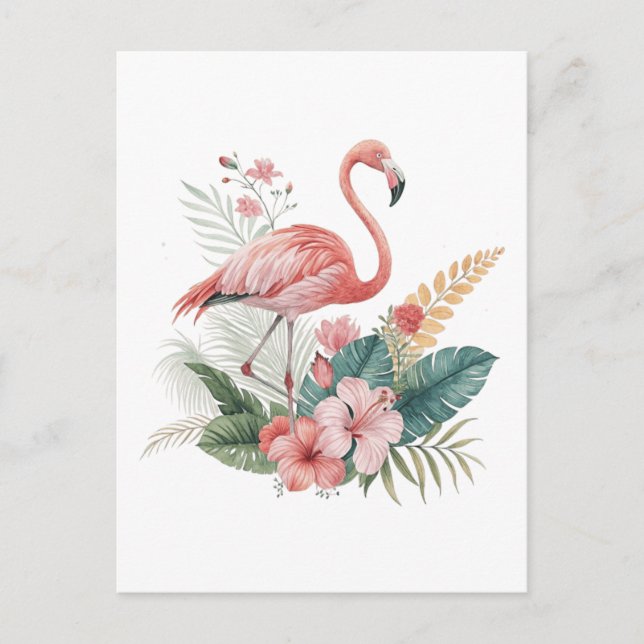 Carte Postale Flamant rose Avec Fleurs (Devant)