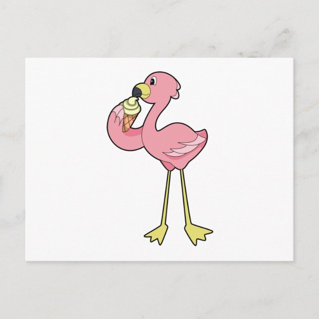 Carte Postale Flamant rose avec glace au gaufre (Devant)