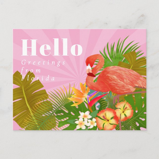 Carte Postale Flamant rose bleu Bonjour (Devant)