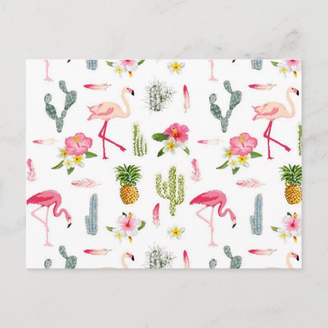 Carte Postale Flamant rose Cactus Ananas Hibiscus Motif (Devant)