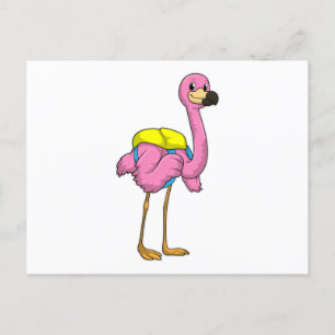 Carte Postale Flamant rose comme élèves avec sac scolaire