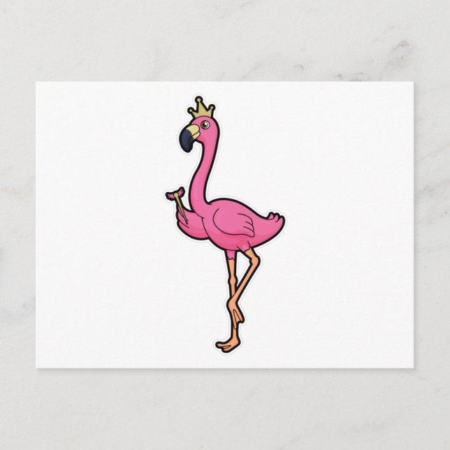 Carte Postale Flamant rose comme roi avec couronne et bâton (Devant)