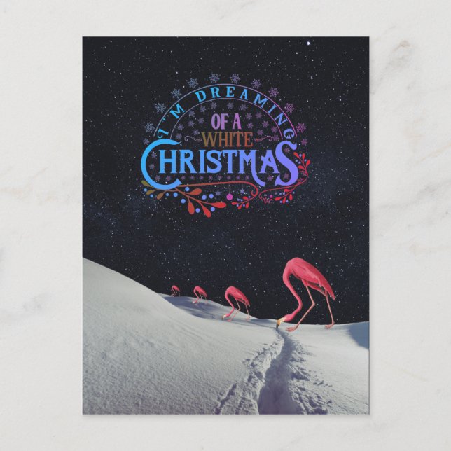 Carte Postale Flamant rose dans la neige avec Noël spatial étran (Devant)