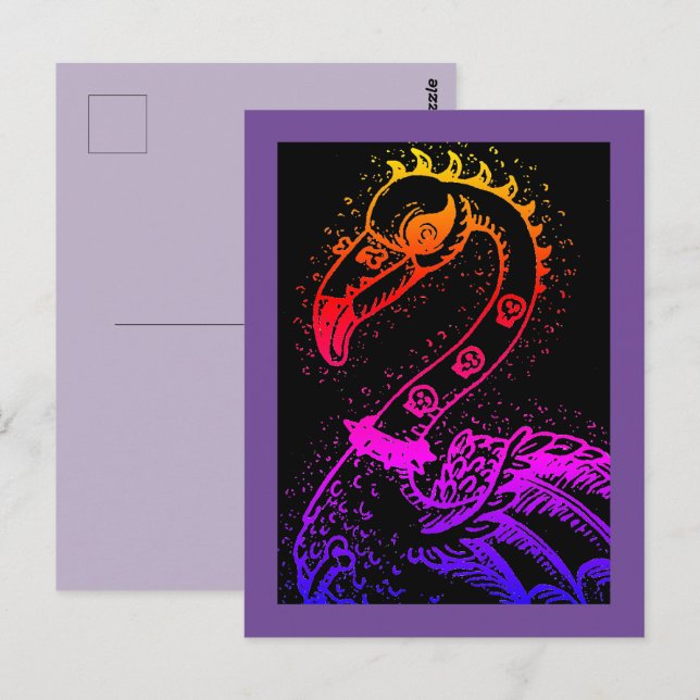 CARTE POSTALE FLAMANT ROSE DE ROCKER GOTH PUNK, HAULEURS, CHEVEU (Devant / Derrière)