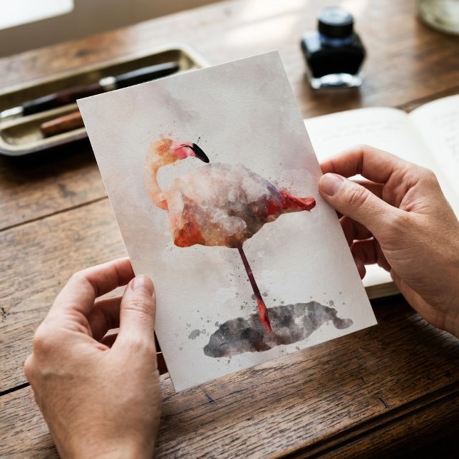 Carte Postale Flamant Rose Debout en Impression d'Art à l'Aquare (Pink Flamingo Standing in Watercolor Art Print. Postcard)