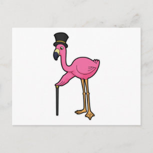 Carte Postale Flamant rose en marié avec chapeau et canne