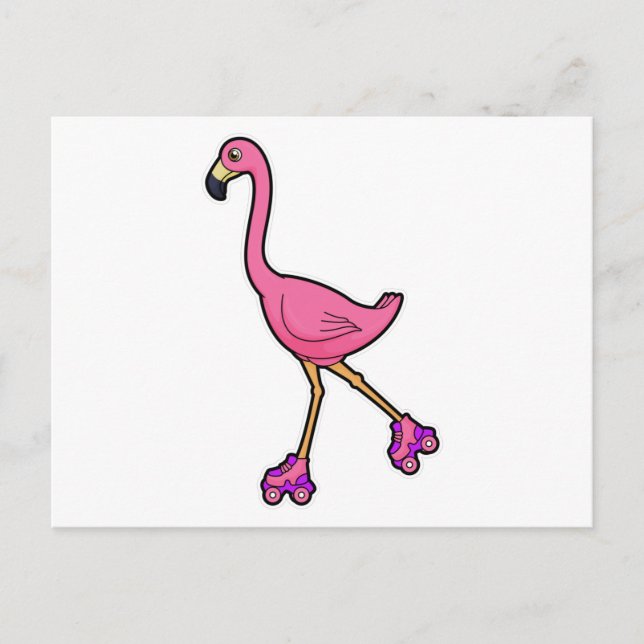 Carte Postale Flamant rose en patineur avec des rollers (Devant)
